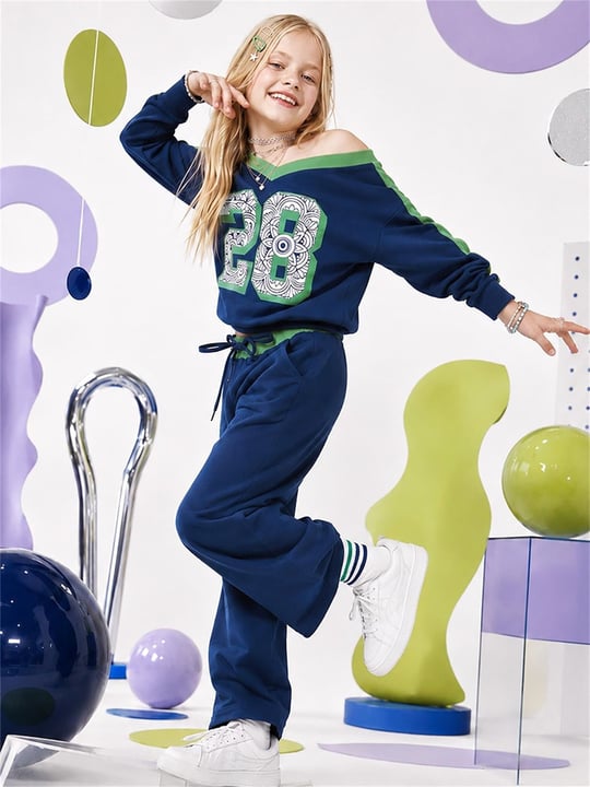 Denokids Kız Çocuk Asimetrik Yaka Eşofman Takımı Lacivert CFF-26S1-057