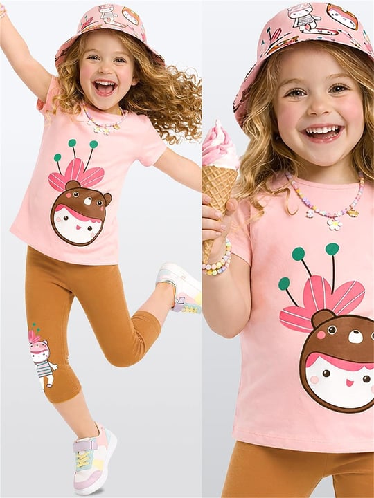 Denokids Kız Çocuk Ayı Şapkalı Tişört Tayt Takım Pembe CFF-26Y1-147