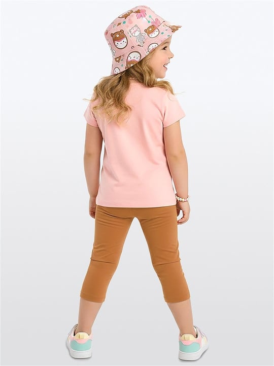 Denokids Kız Çocuk Ayı Şapkalı Tişört Tayt Takım Pembe CFF-26Y1-147
