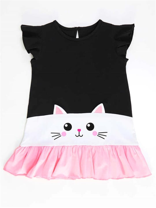 Denokids Kız Çocuk Beyaz Kedi Fırfırlı Elbise Lacivert CFF-21Y2-045