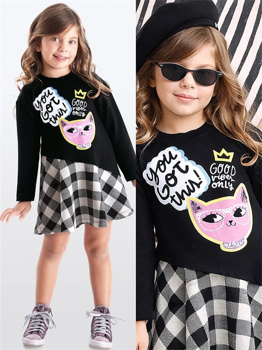 Denokids Kız Çocuk Havalı Kedi Elbise Siyah MS-20K1-016