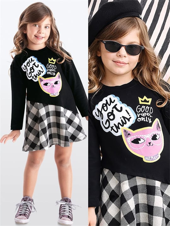 Denokids Kız Çocuk Havalı Kedi Elbise Siyah MS-20K1-016