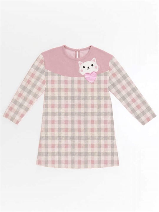 Denokids Kız Çocuk Kalpli Kedi Ekose Elbise Pembe CFF-22S1-075
