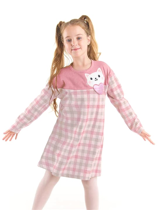 Denokids Kız Çocuk Kalpli Kedi Ekose Elbise Pembe CFF-22S1-075