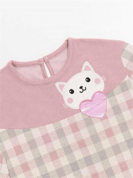 Denokids Kız Çocuk Kalpli Kedi Ekose Elbise Pembe CFF-22S1-075