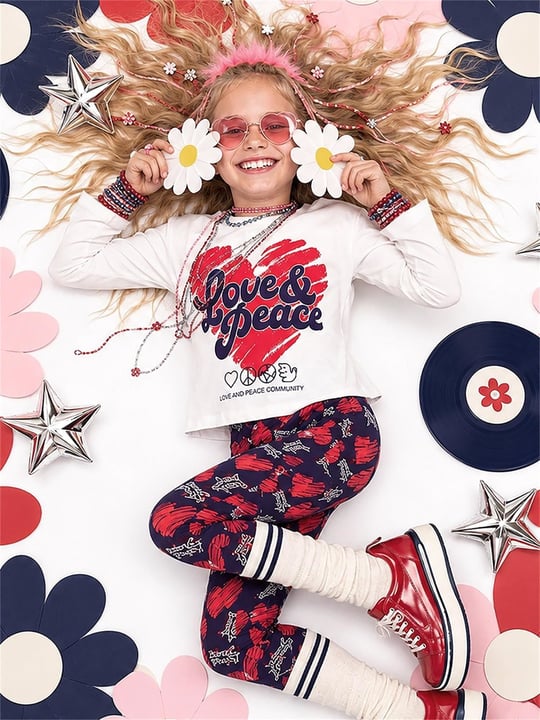 Denokids Kız Çocuk Kalpli Uzun Kol Tişört Tayt Takım Lacivert CFF-26S1-049
