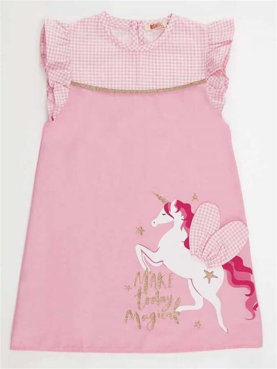 Denokids Kız Çocuk Kanatlı Unicorn Ekoseli Elbise Pembe MS-22Y1-012