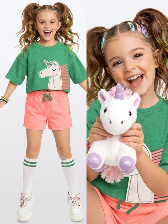 Denokids Kız Çocuk Leopar Havlu Kumaş Tişört Şort Takım CFF-26Y1-029