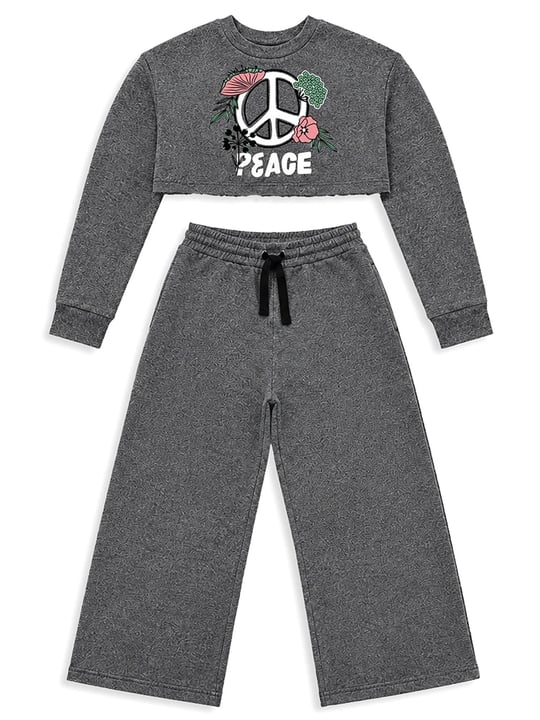 Denokids Kız Çocuk Peace Flower Crop Sweatshirt Eşofman Takımı Antrasit CFF-26S1-051