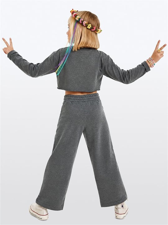 Denokids Kız Çocuk Peace Flower Crop Sweatshirt Eşofman Takımı Antrasit CFF-26S1-051