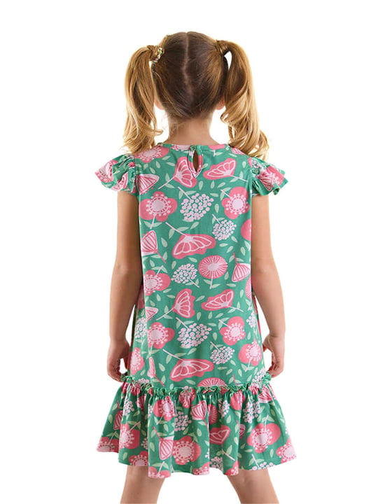 Denokids Kız Çocuk Pembe Çiçekli Fırfırlı Elbise Yeşil CFF-24Y1-077