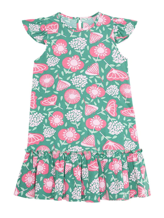 Denokids Kız Çocuk Pembe Çiçekli Fırfırlı Elbise Yeşil CFF-24Y1-077