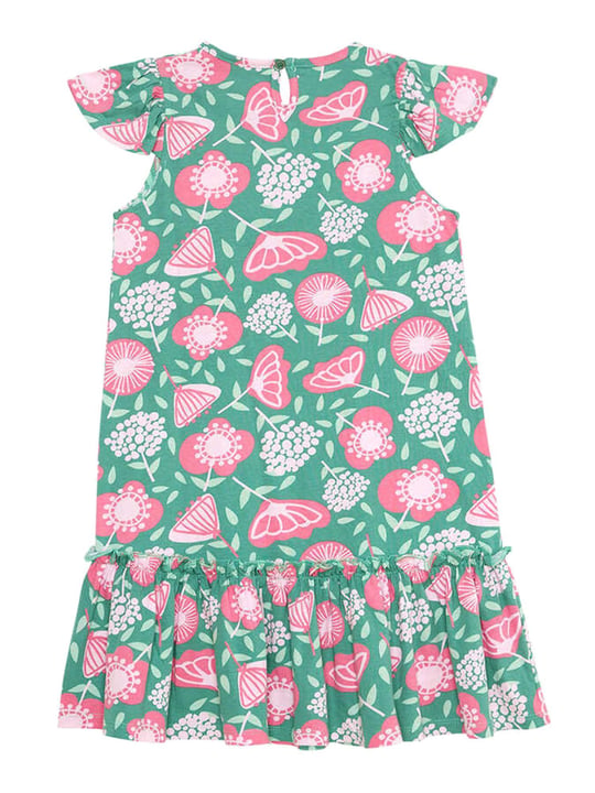 Denokids Kız Çocuk Pembe Çiçekli Fırfırlı Elbise Yeşil CFF-24Y1-077