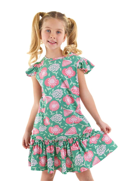 Denokids Kız Çocuk Pembe Çiçekli Fırfırlı Elbise Yeşil CFF-24Y1-077