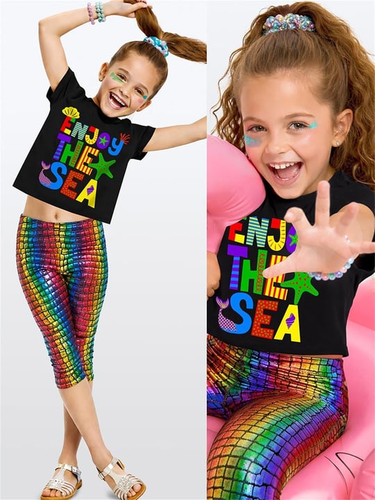 Denokids Kız Çocuk Renkli Varak Crop Tayt Takım CFF-26Y1-105