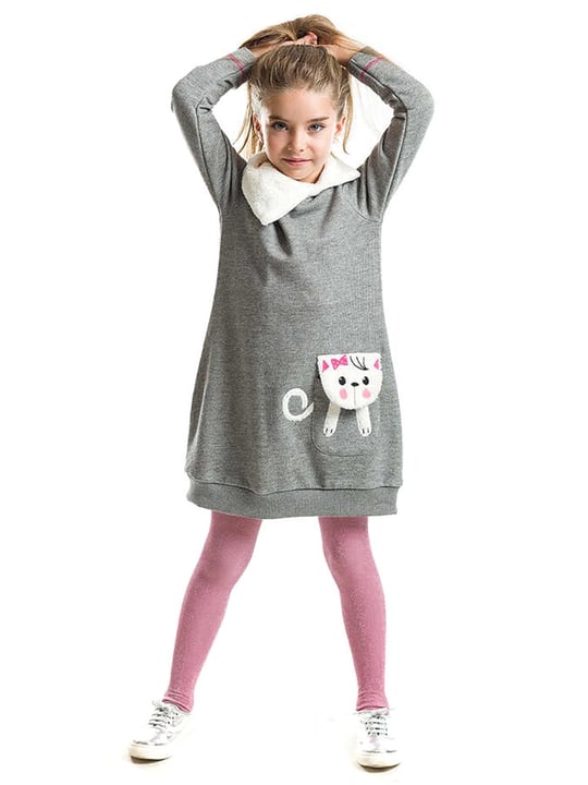Denokids Kız Çocuk Şal Yaka Kedi Cepli Kalın Elbise Gri MS-22K1-056