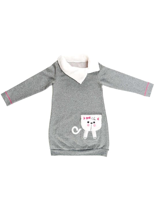Denokids Kız Çocuk Şal Yaka Kedi Cepli Kalın Elbise Gri MS-22K1-056