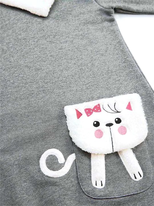 Denokids Kız Çocuk Şal Yaka Kedi Cepli Kalın Elbise Gri MS-22K1-056