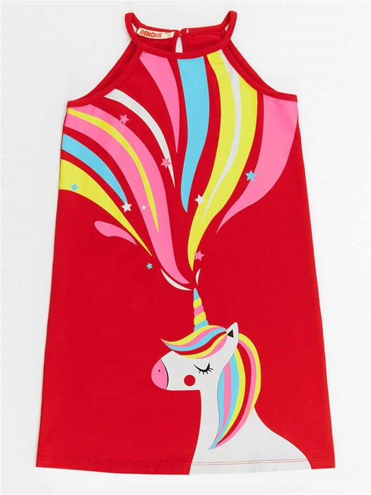 Denokids Kız Çocuk Unicorn Love Elbise Kırmızı CFF-22Y2-003