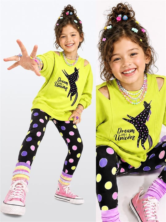Denokids Kız Çocuk Unicorn Puantiyeli Tayt Sweatshirt Takım Fıstık Yeşili CFF-26S1-069