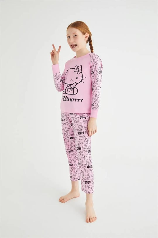 Denokids Kız Çocuk Uzun Kol Pamuklu Pijama Takımı Pembe DM09-ROZ-51