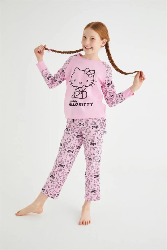 Denokids Kız Çocuk Uzun Kol Pamuklu Pijama Takımı Pembe DM09-ROZ-51