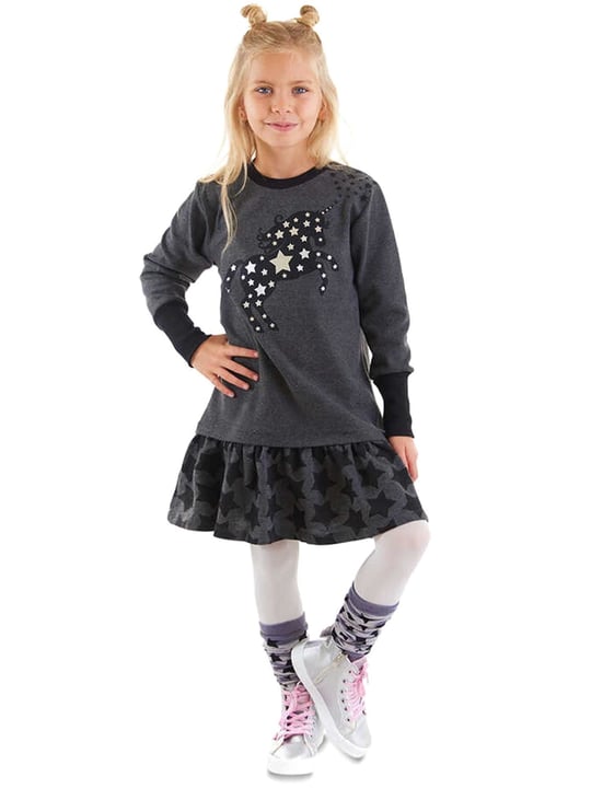 Denokids Kız Çocuk Yıldızlı Unicorn Elbise Antrasit MS-23K1-002