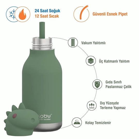 Globber Asobu Bestle Bottle Pipetli Çelik Suluk Dinosaur SBV44-DINOSAUR