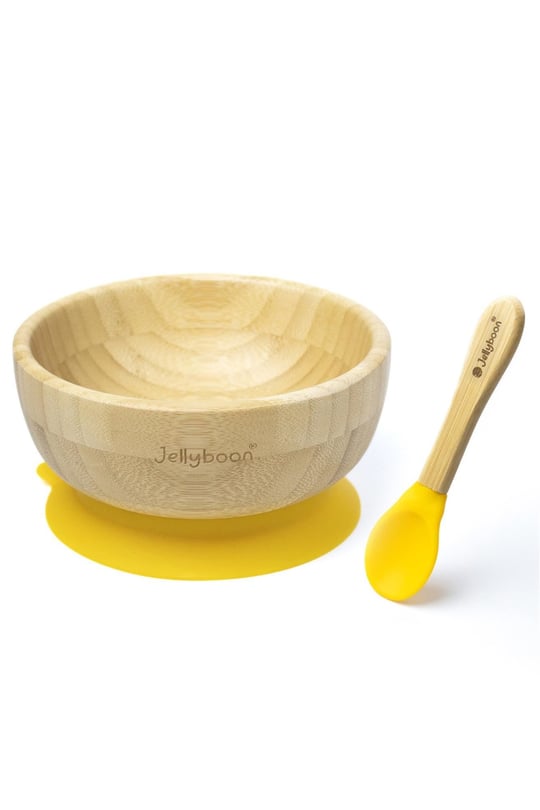 Jellyboon Bambu Yuvarlak Vakumlu Kase Kaşık Seti Sarı