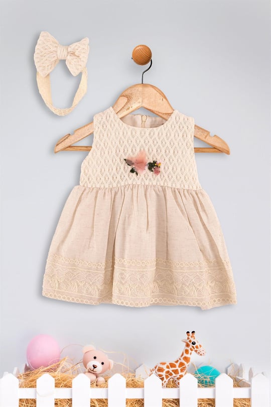 Kinder Baby Dandini Kız Bebek Bandanalı Elbise Bej 6159