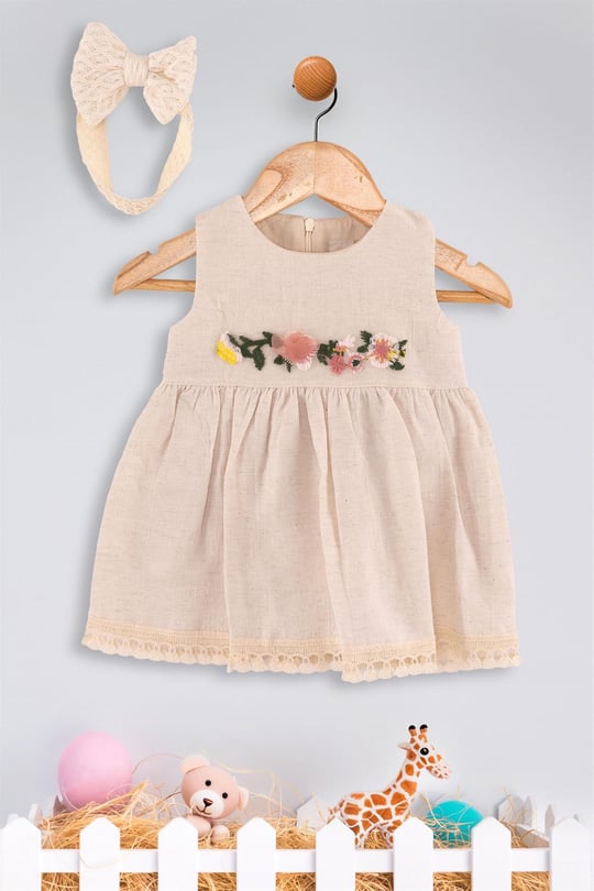Kinder Baby Dandini Kız Bebek Bandanalı Keten Elbise Bej 6158