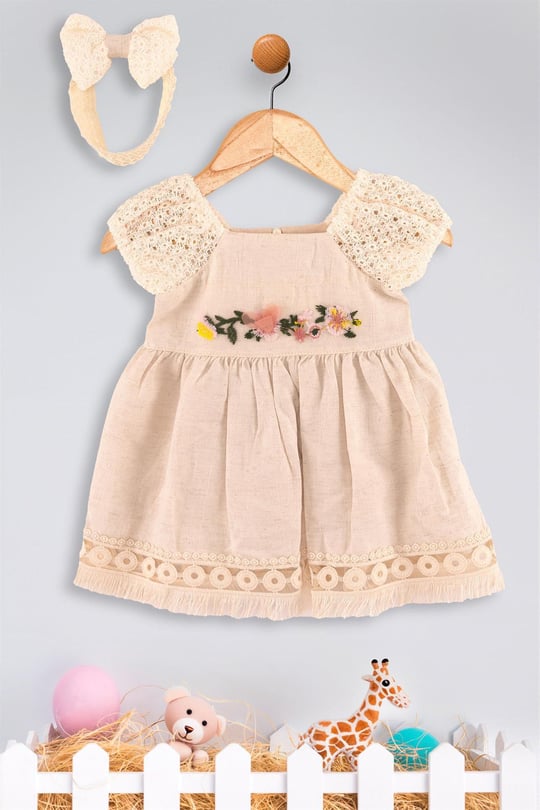 Kinder Baby Dandini Kız Bebek Bandanalı Elbise Bej 6148