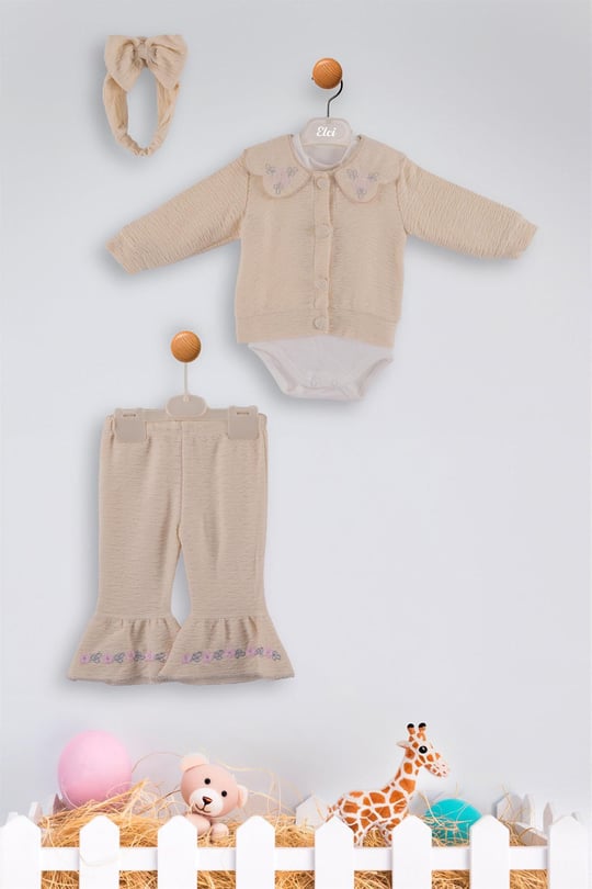 Kinder Baby Elci Baby Kız Bebek 3'lü Hırka Takım Bej/Pembe 6889