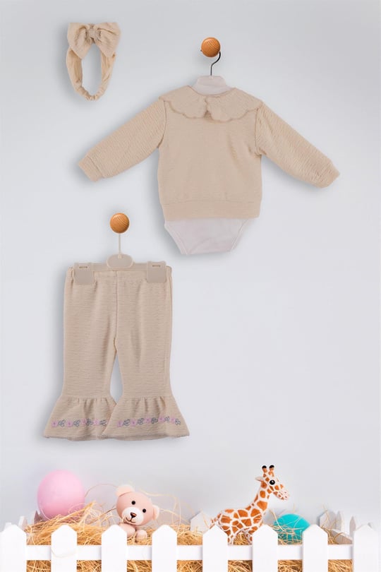 Kinder Baby Elci Baby Kız Bebek 3'lü Hırka Takım Bej/Pembe 6889