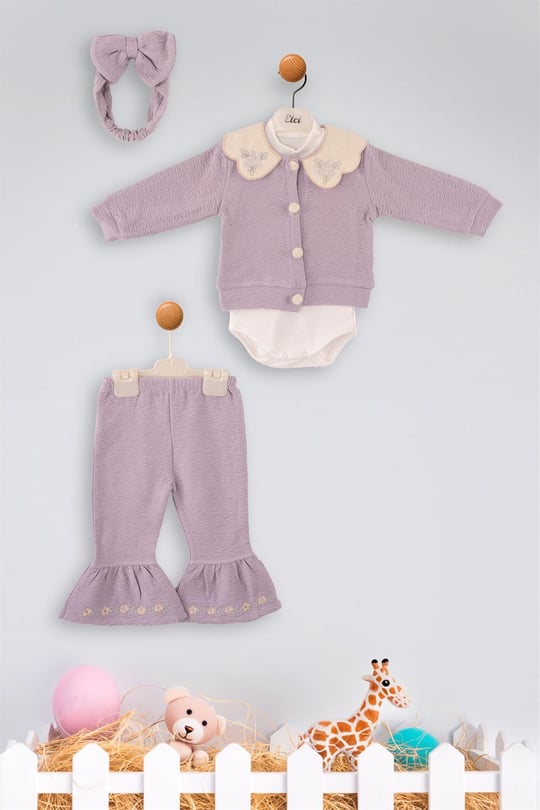 Kinder Baby Elci Baby Kız Bebek 3'lü Hırka Takım Mor 6889
