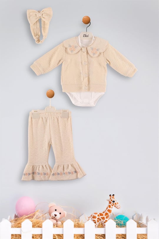 Kinder Baby Elci Baby Kız Bebek 3'lü Hırka Takım Bej/Somon 6889