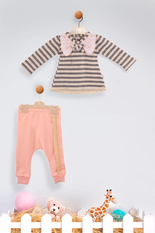 Kinder Baby Elci Baby Kız Bebek Çizgili 2'li Takım Somon 6898