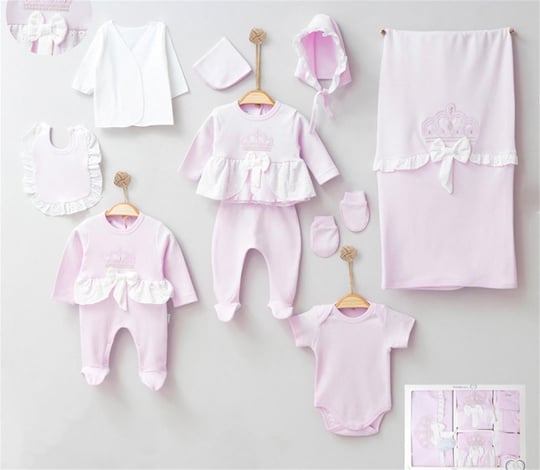 Kinder Baby Mini Cayzen Kız Bebek Lüx Terikoton Taçlı 10'lu Hastane Çıkış Seti Pembe 3001