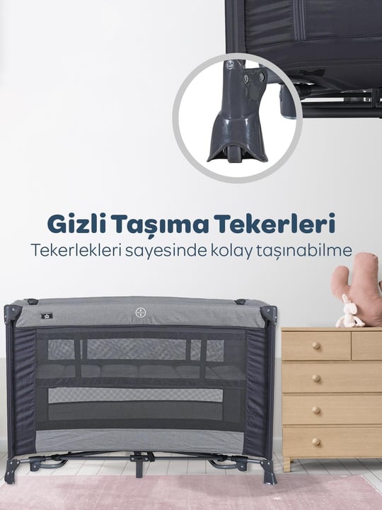 Kinder Baby Nora Park Yatak Oyun Parkı Beşik 70*110 Cm + Yatak Hediyeli Gri