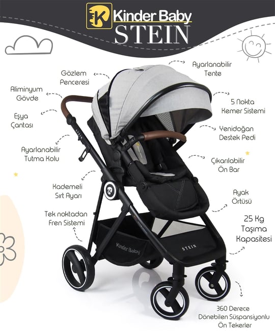 Kinder Baby Stein Travel Sistem Çift Yönlü Bebek Arabası Siyah 7090