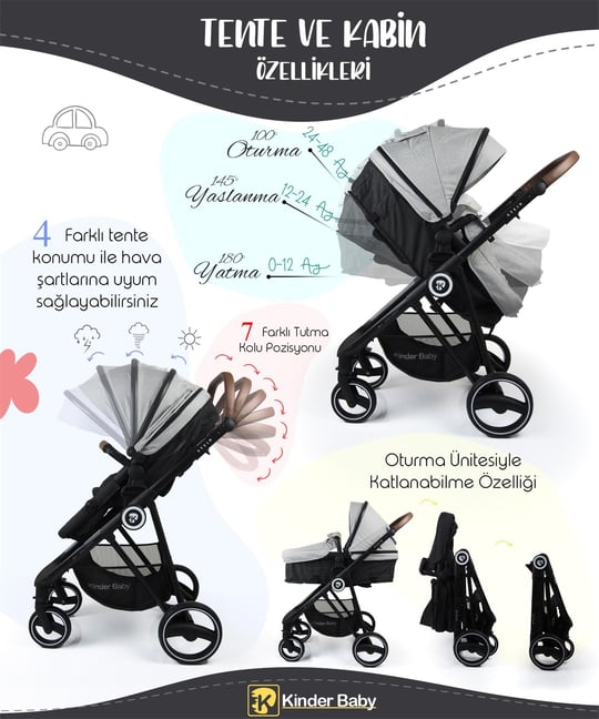 Kinder Baby Stein Travel Sistem Çift Yönlü Bebek Arabası Siyah 7090