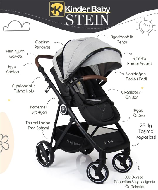 Kinder Baby Stein Travel Sistem Çift Yönlü Bebek Arabası Gri 7090 