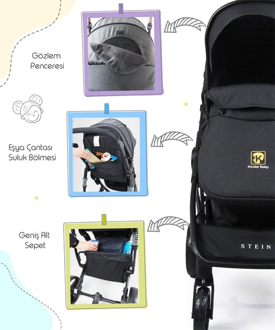 Kinder Baby Stein Travel Sistem Çift Yönlü Bebek Arabası Siyah 7090