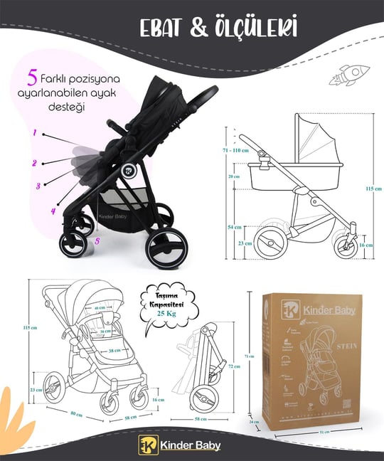 Kinder Baby Stein Travel Sistem Çift Yönlü Bebek Arabası Siyah 7090