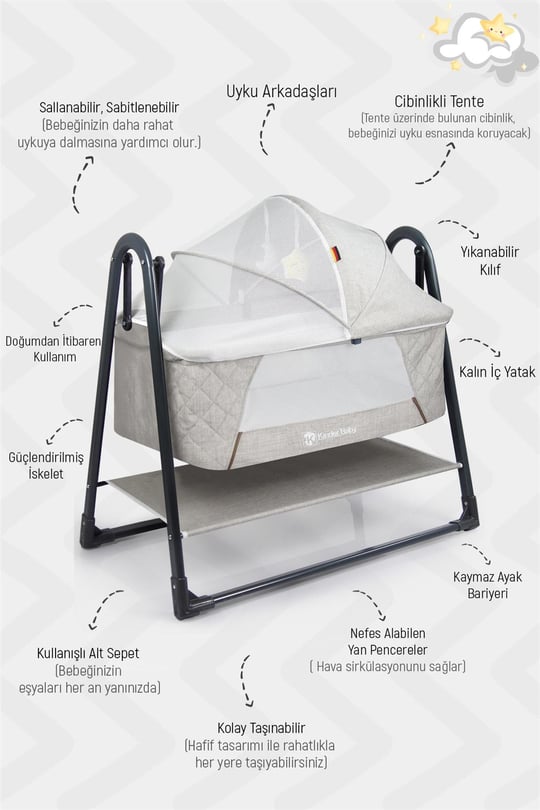Kinder Baby Woolly Portatif Sallanır Anne Yanı Beşik Gri Knd1020