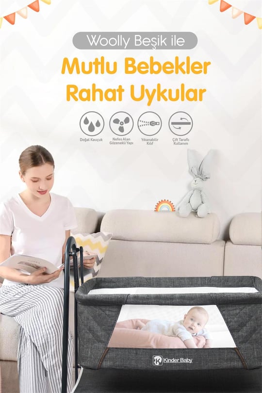 Kinder Baby Woolly Portatif Sallanır Anne Yanı Beşik Antrasit Knd1020