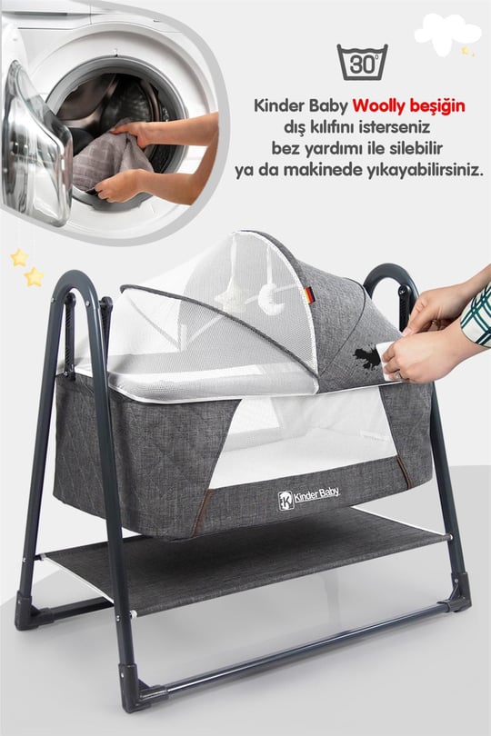 Kinder Baby Woolly Portatif Sallanır Anne Yanı Beşik Antrasit Knd1020