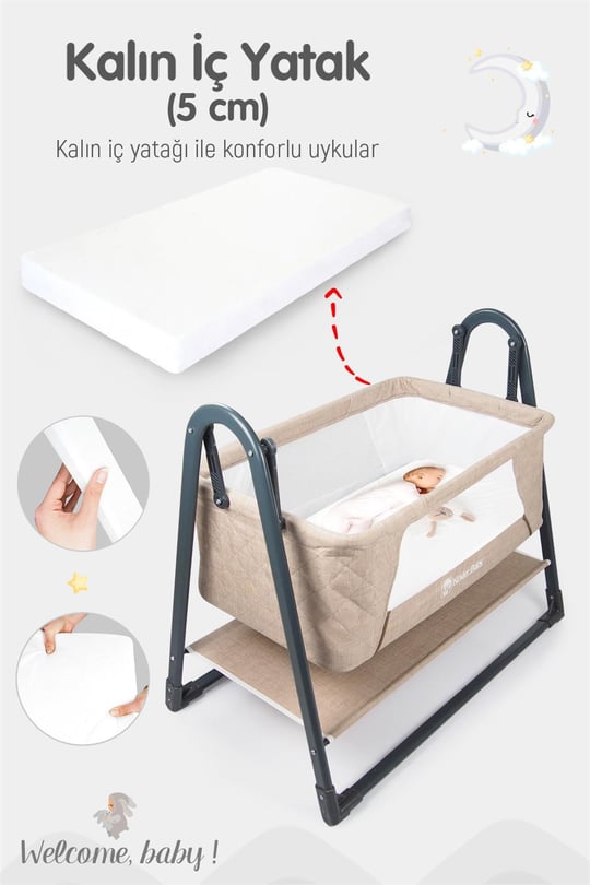 Kinder Baby Woolly Portatif Sallanır Anne Yanı Beşik Bej Knd1020