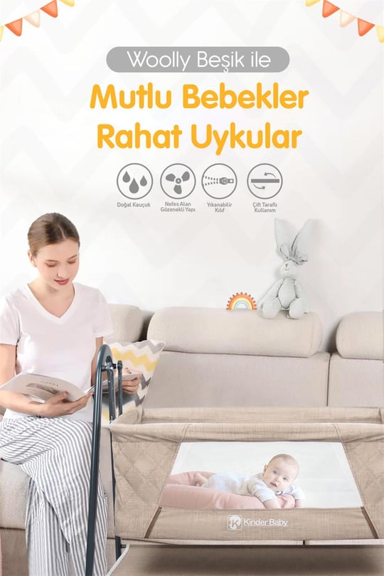 Kinder Baby Woolly Portatif Sallanır Anne Yanı Beşik Bej Knd1020