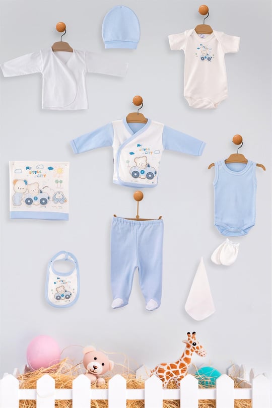 Kinder Baby Zıpır Erkek Bebek Arabalı 10'lu Hastane Çıkış Seti Ekru 516